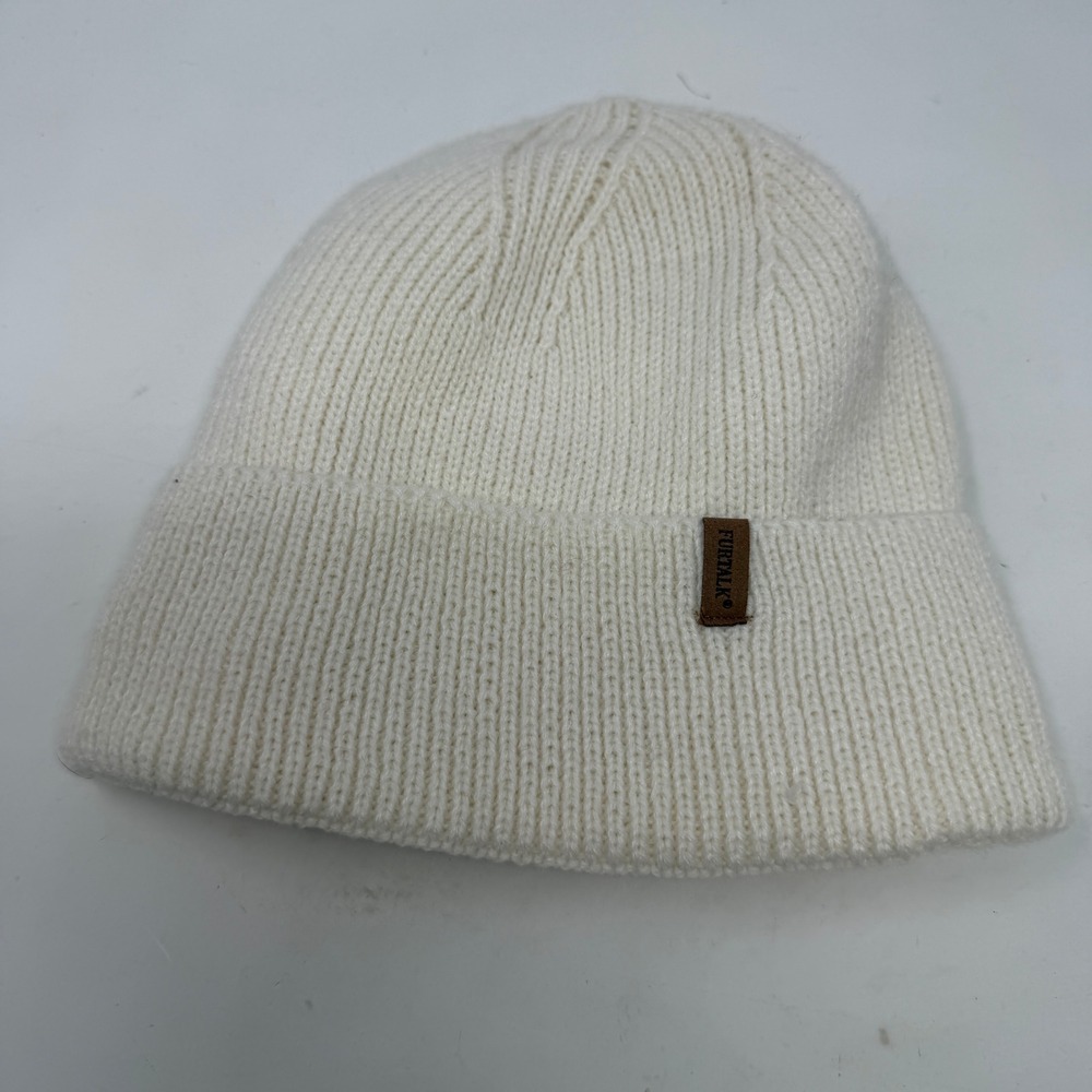 FURTALK Beanie Women One Size Cuffed Ribbed Knit Cream White Fleece Lined EUC